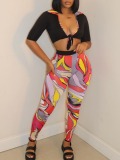 LW Casual Polyester Turndown Collar Pattern Geometric Half Sleeve Two-piece Pants Set