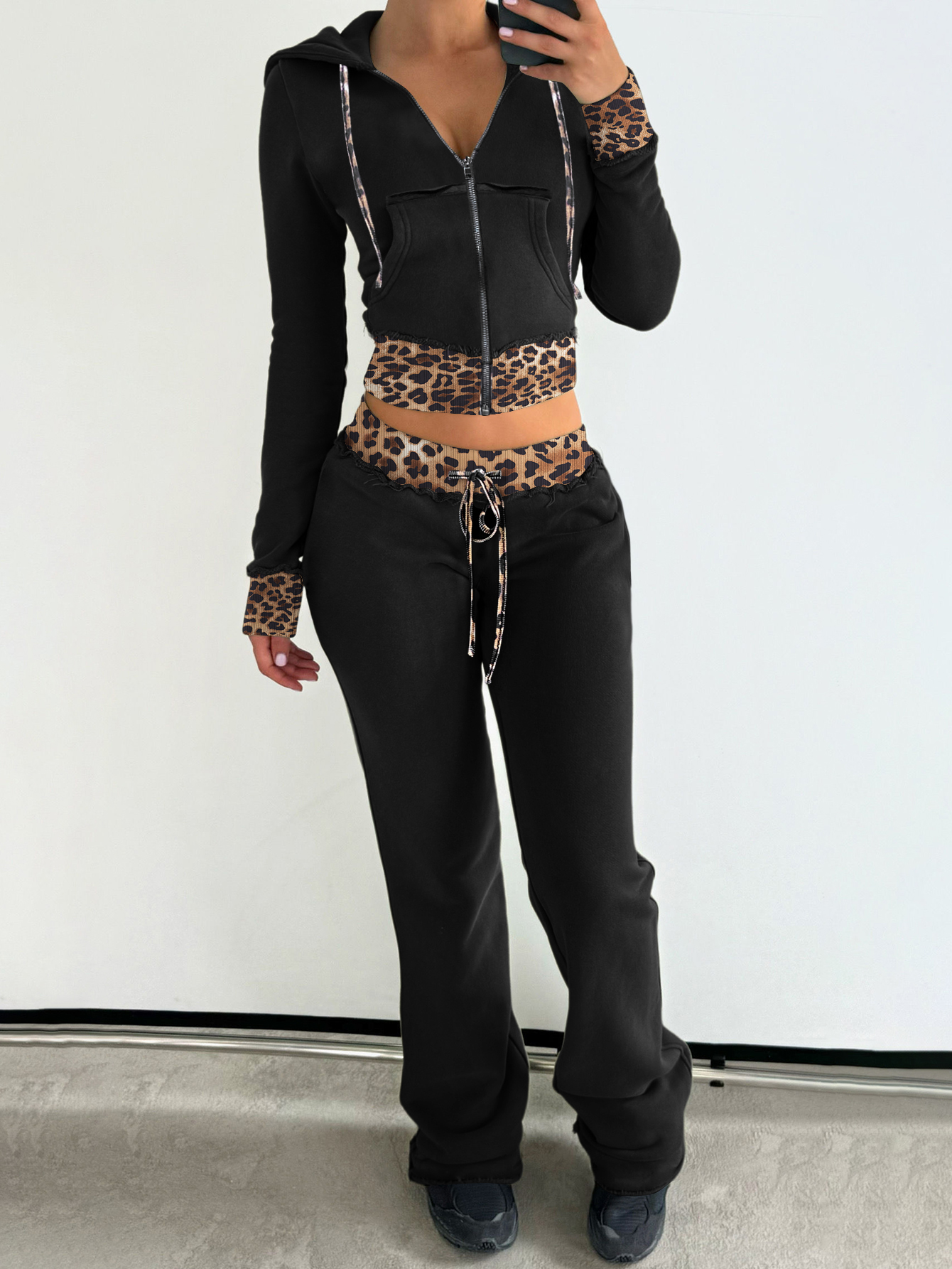 LW Casual Sweat Hooded Collar Patchwork Leopard Long Sleeve Two-piece Pants Set