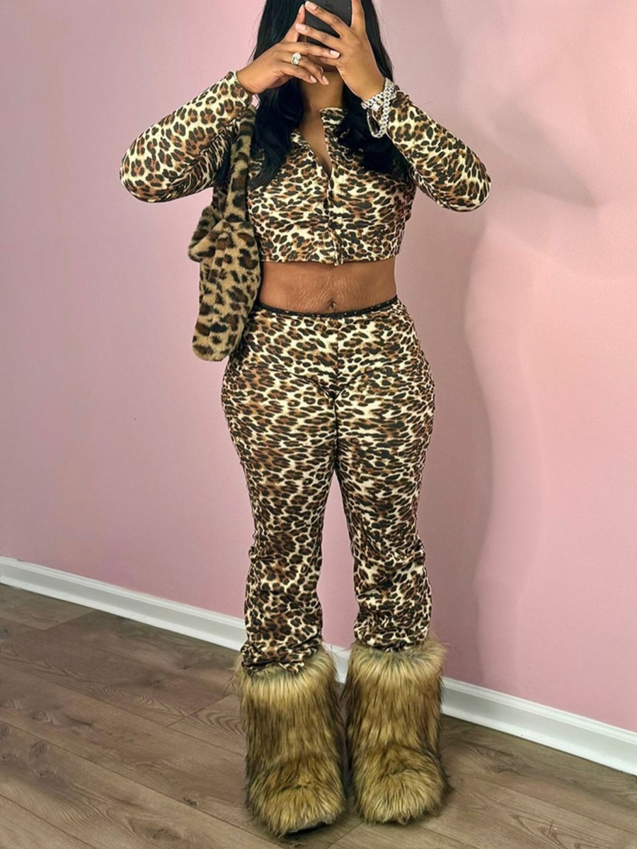 LW SXY Sxy Polyester Round Neck Pattern Leopard Print Long Sleeve Leopard Two-piece Pants Set