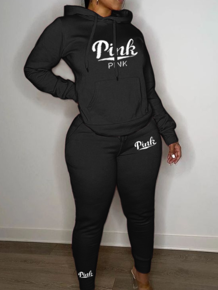 LW Casual Sweat Hooded Collar Pink Letter Long Sleeve Two-piece Pants Set