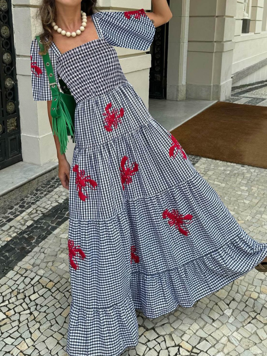 LW Embroidered Pattern Plaid Maxi Dress