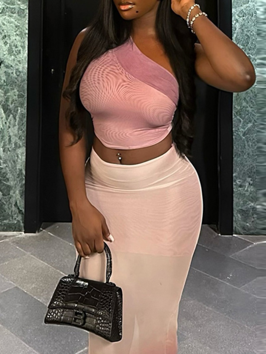 LW Elegant Polyester One Shoulder Pattern Positioning Gradient Sleeveless Two-piece Skirt Set