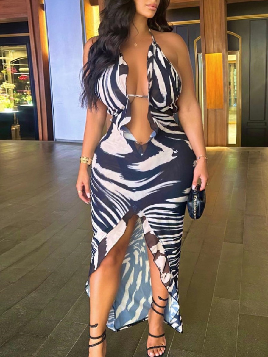 LW SXY Ruffle Hem Mixed Print Geometric Pattern Black And White Maxi Dress