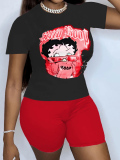 LW Plus Size Cartoon Letter Print Skinny Shorts Set
