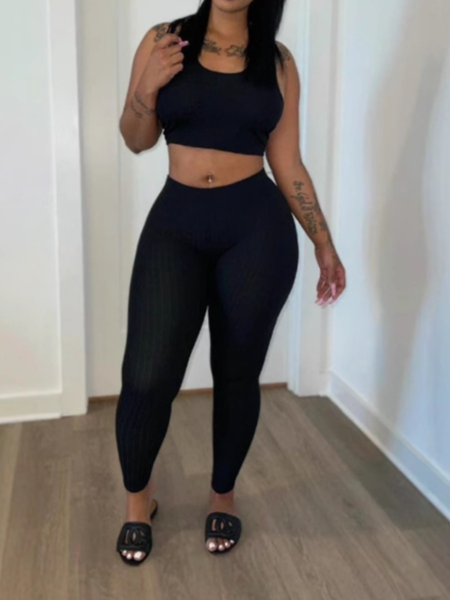 LW BASICS Casual Polyester U Neck Solid Color Sleeveless Two-piece Pants Set