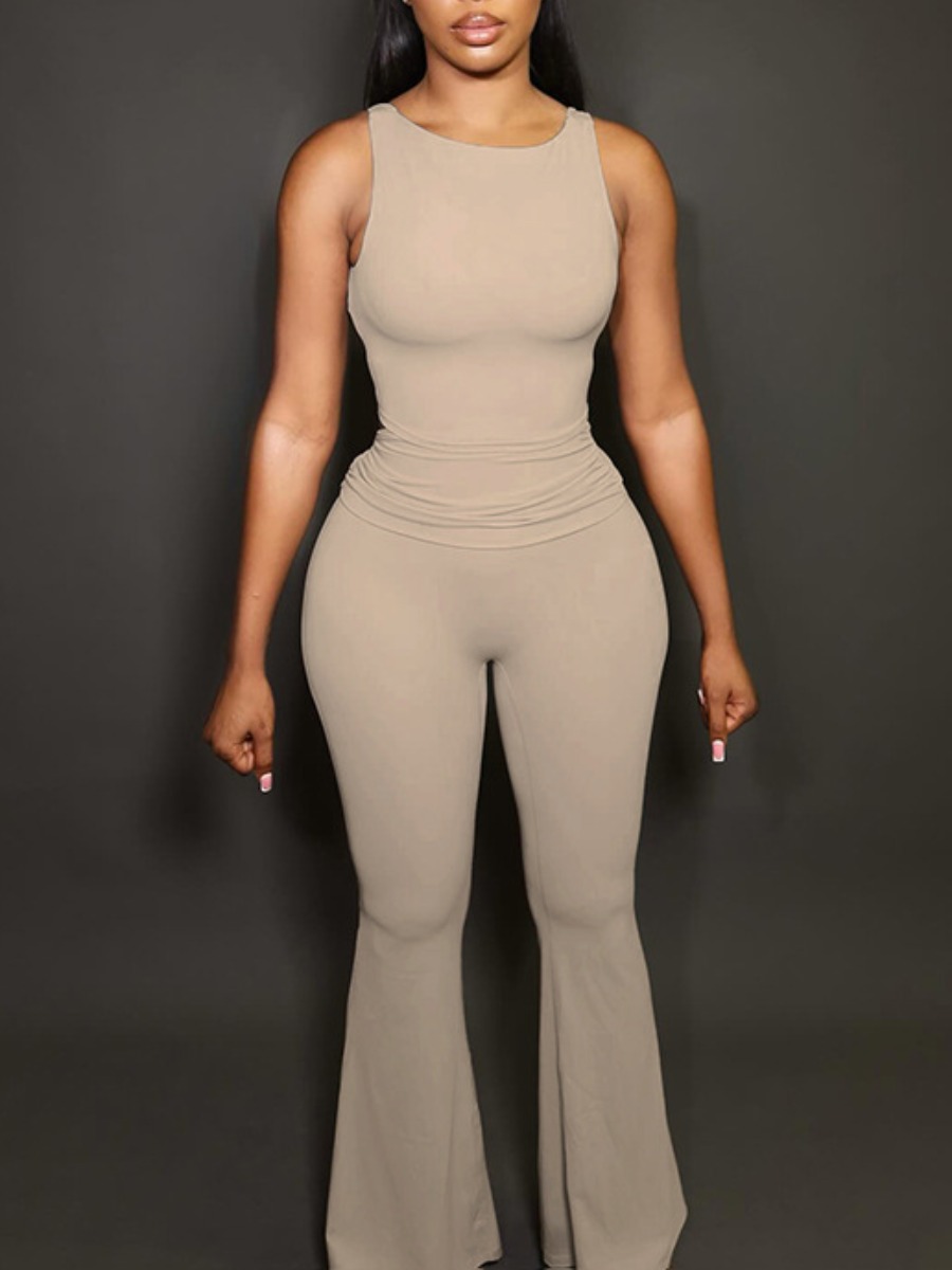 LW BASICS Casual Polyester U Neck Solid Color Sleeveless Two-piece Pants Set