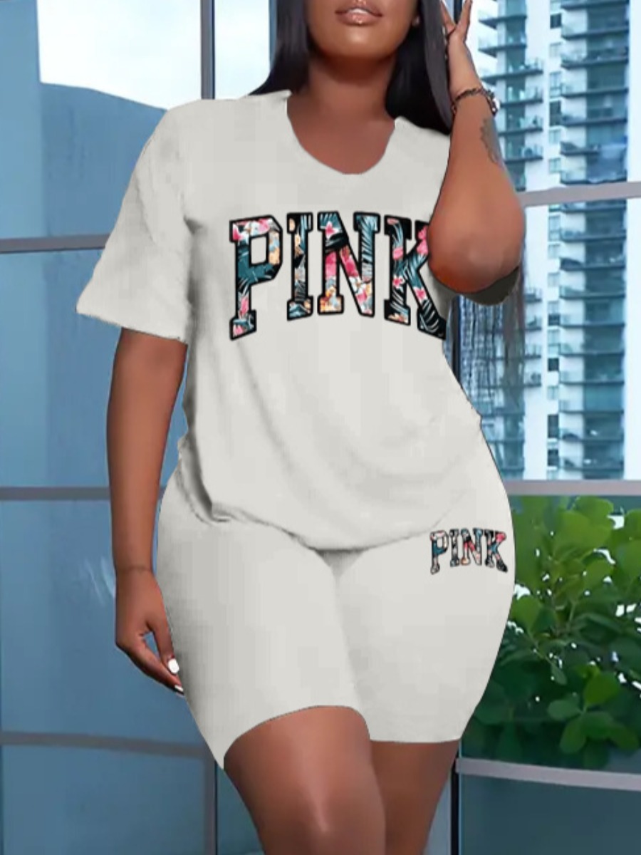 LW Street Polyester Round Neck Pattern Letter Short Sleeve Two-piece Shorts Set