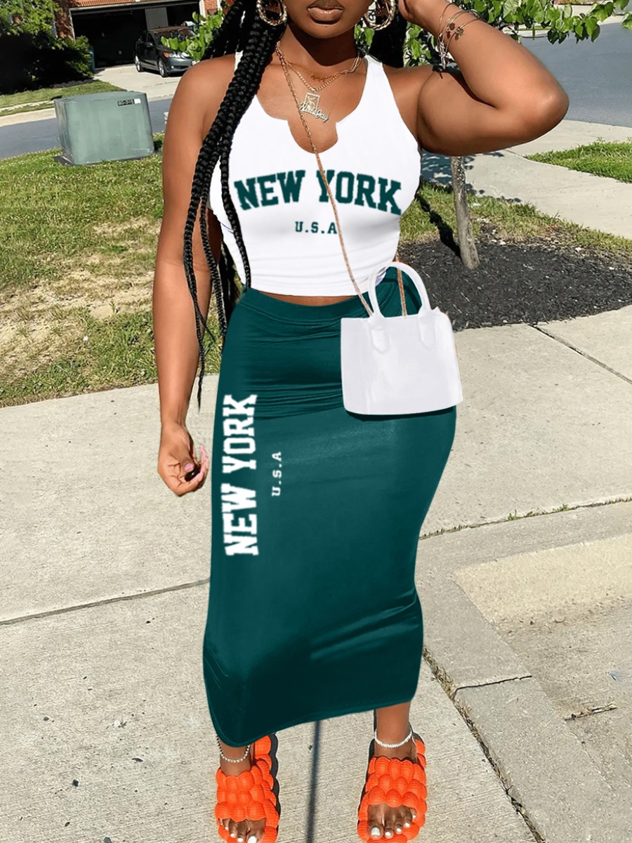 LW Casual Polyester U Neck Pattern Letter Sleeveless Two-piece Skirt Set