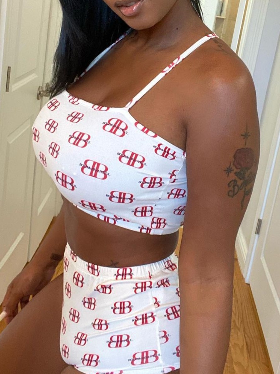 LW Casual Polyester Square Collar Pattern Letter Sleeveless Two-piece Shorts Set