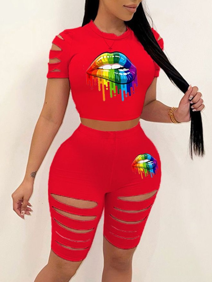 LW Casual Polyester Round Neck Ripped Lip Print Short Sleeve Two-piece Shorts Set