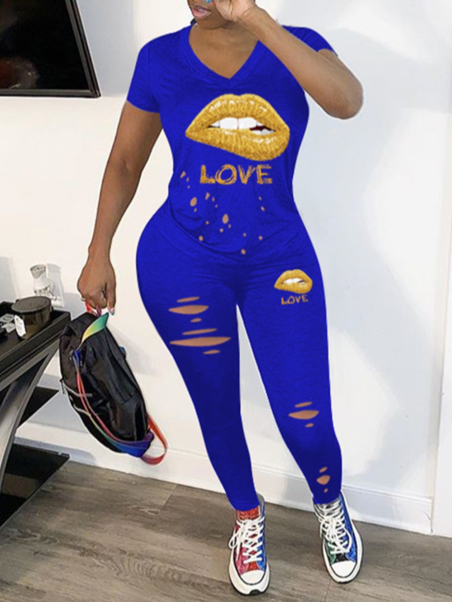 LW Casual Polyester V Neck Ripped Lip Print Short Sleeve Two-piece Pants Set