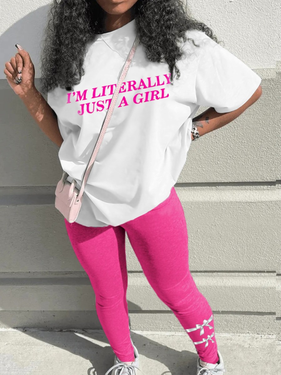 LW Casual Polyester Round Neck Pattern Letter Short Sleeve Two-piece Pants Set