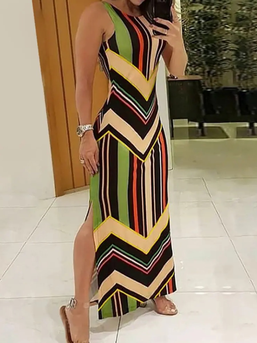 LW Split Geometric Pattern Striped Maxi Dress