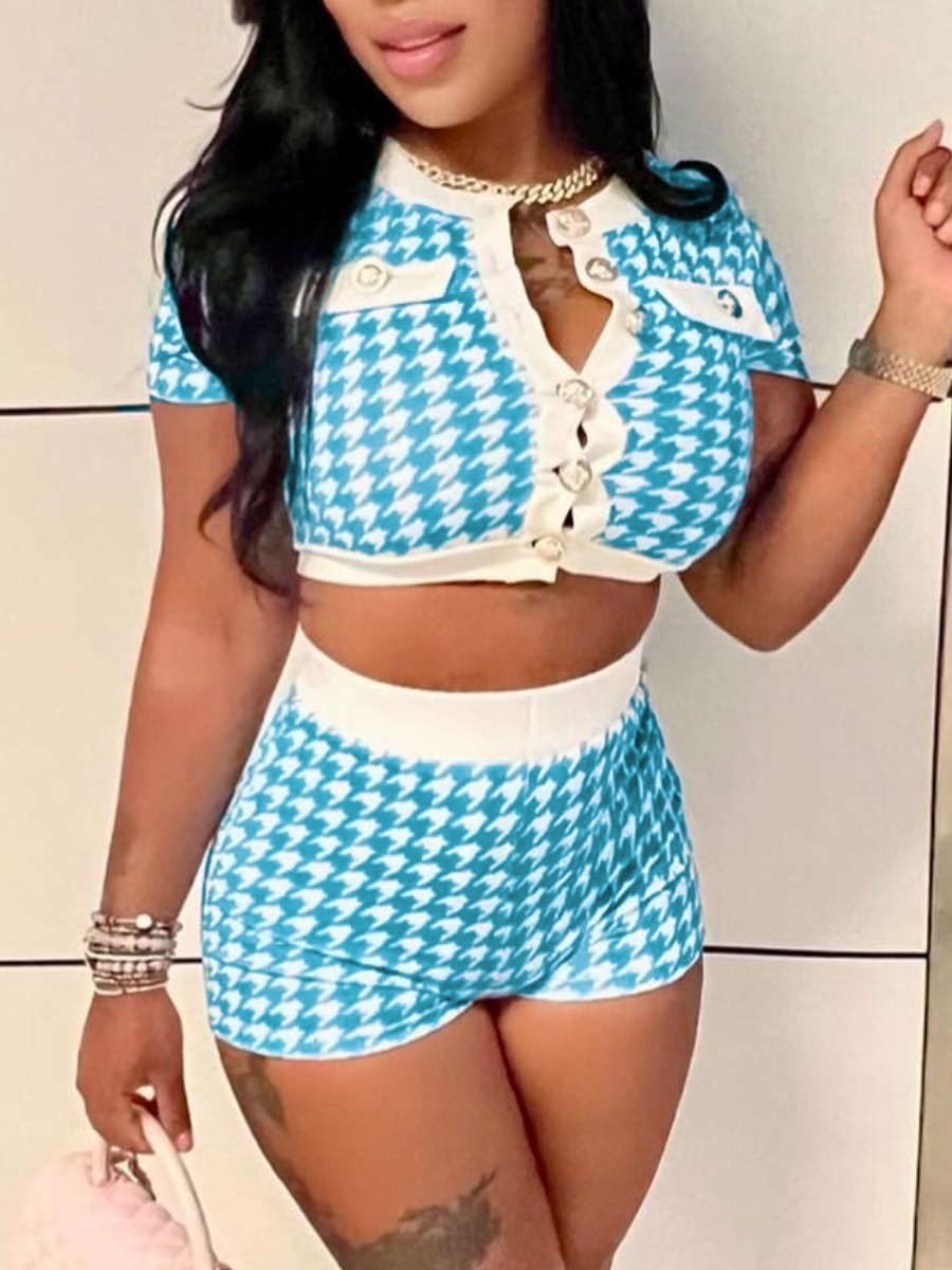 LW Casual Polyester Round Neck Button Design Geometric Pattern Short Sleeve Two-piece Shorts Set