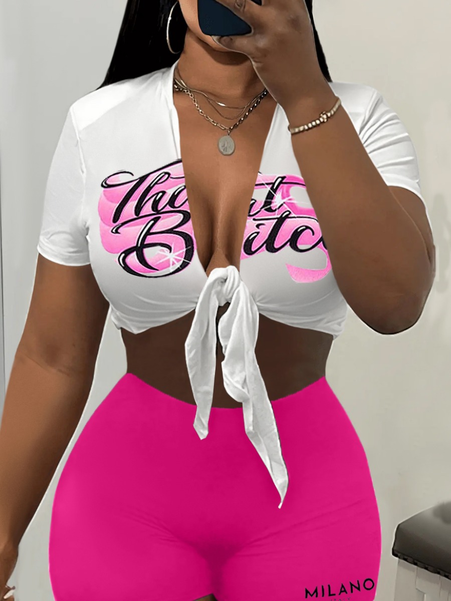 LW Street Polyester Collarless Pattern Letter Short Sleeve Two-piece Shorts Set