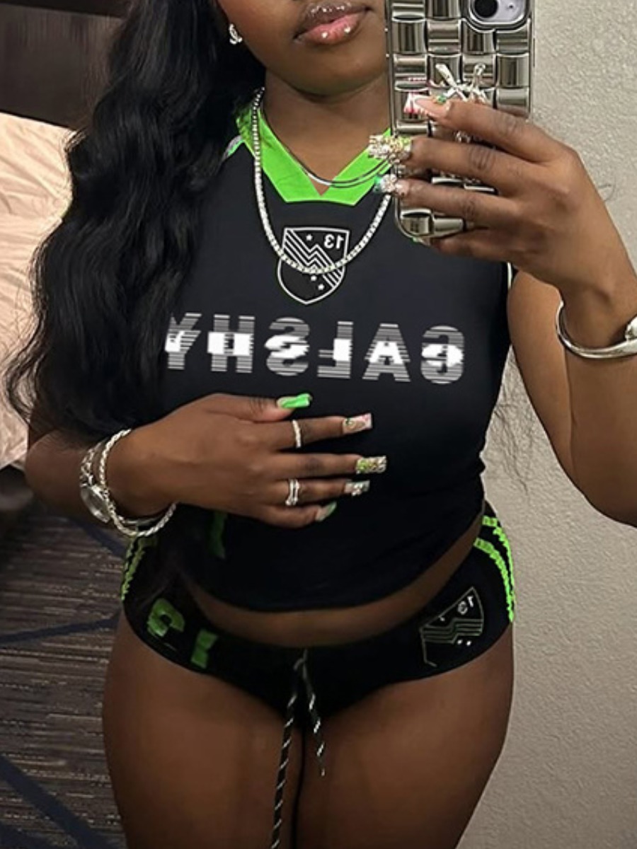 LW Sporty Polyester V Neck Pattern Letter Short Sl