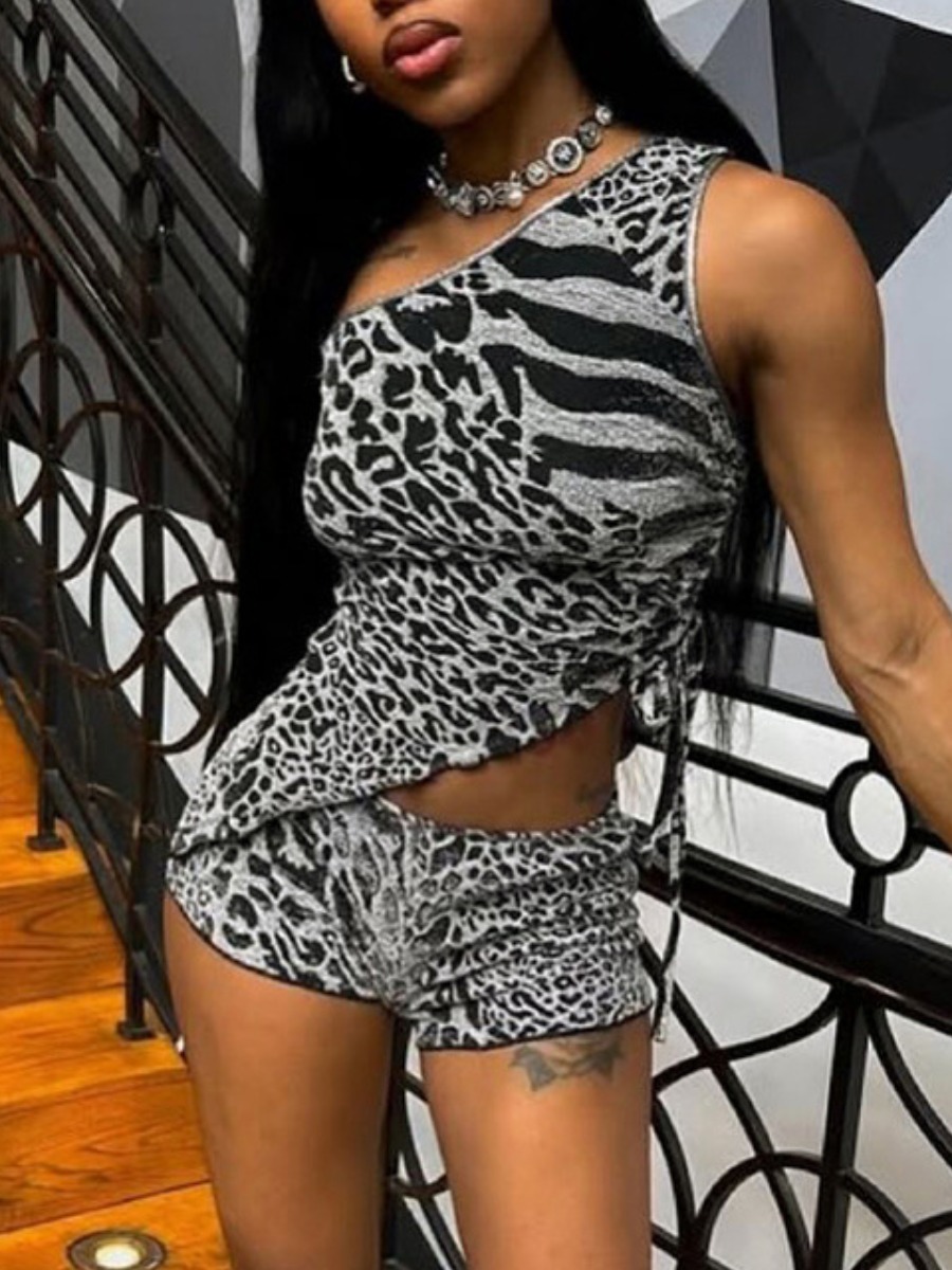 LW SXY Sxy Polyester One Shoulder Asymmetrical Zebra Striped Sleeveless Zebra Stripe Two-piece Shorts Set