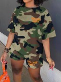 LW Street Polyester Round Neck Pattern Camo Short Sleeve Two-piece Shorts Set