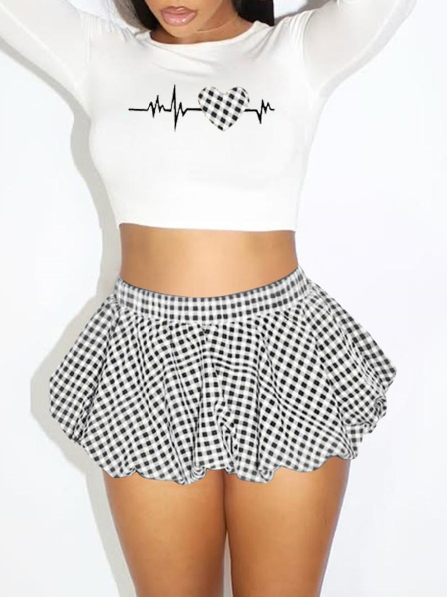 LW Sweet Polyester Round Neck Pattern Plaid Long Sleeve Two-piece Skirt Set
