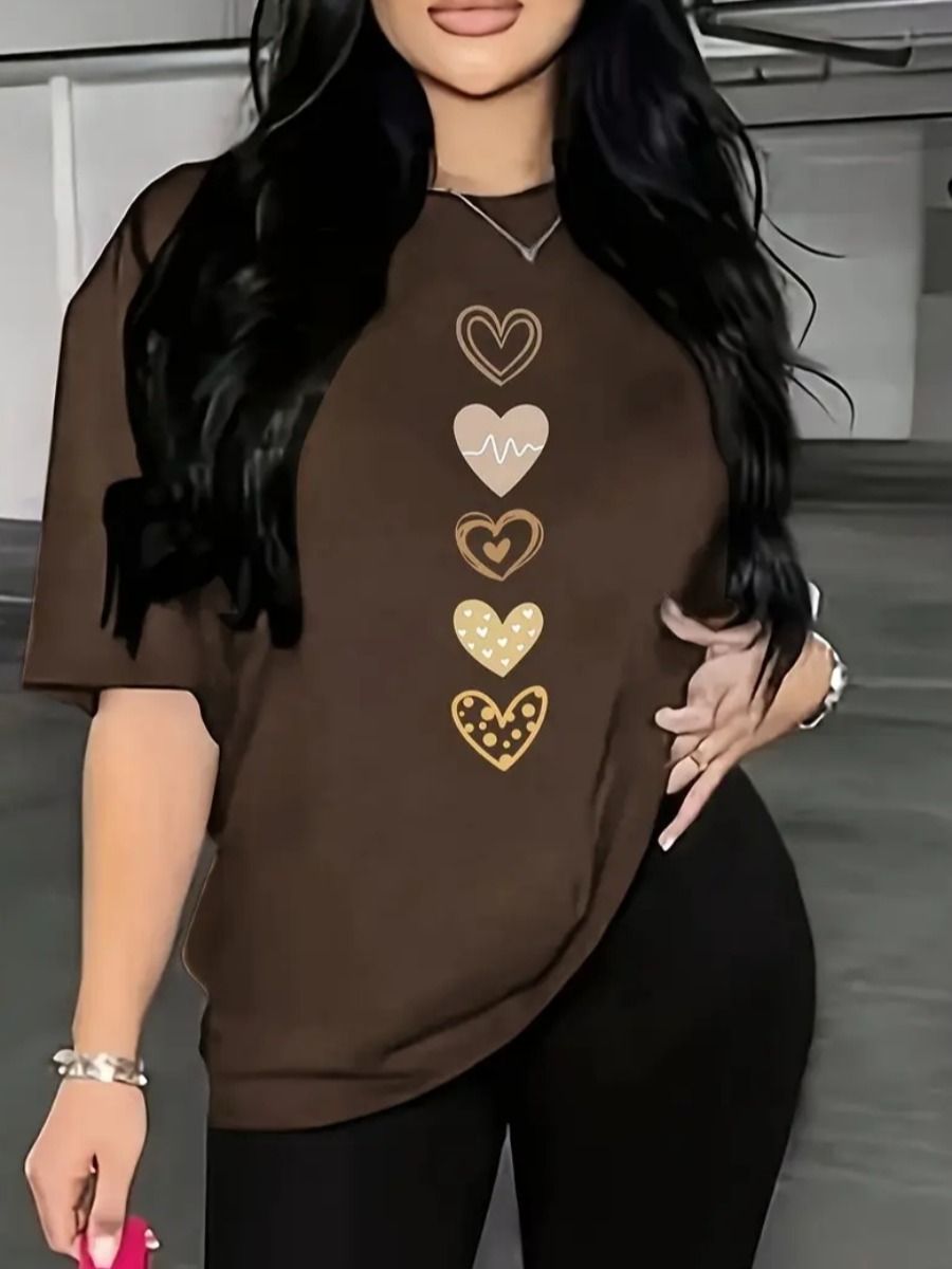 LW Casual Polyester Round Neck Heart Short Sleeve 