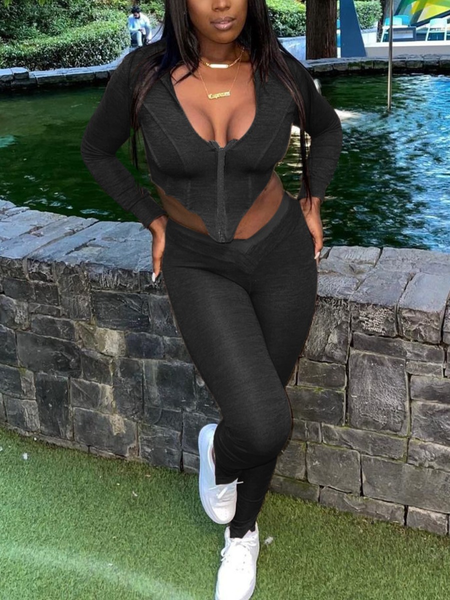 LW Casual U Neck Zipper Design Long Sleeve Crop To