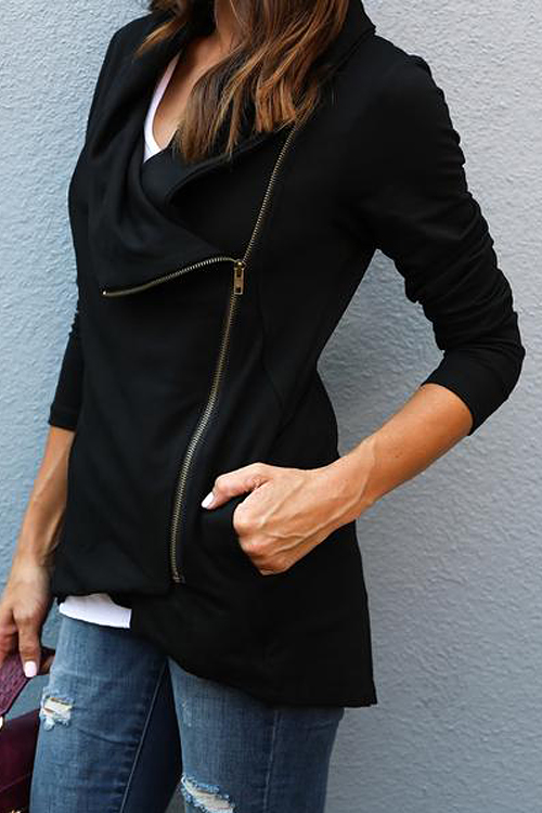 

Lovely Polyester Turndown Collar Long Sleeve zipper Regular Coat&Jacket, Black